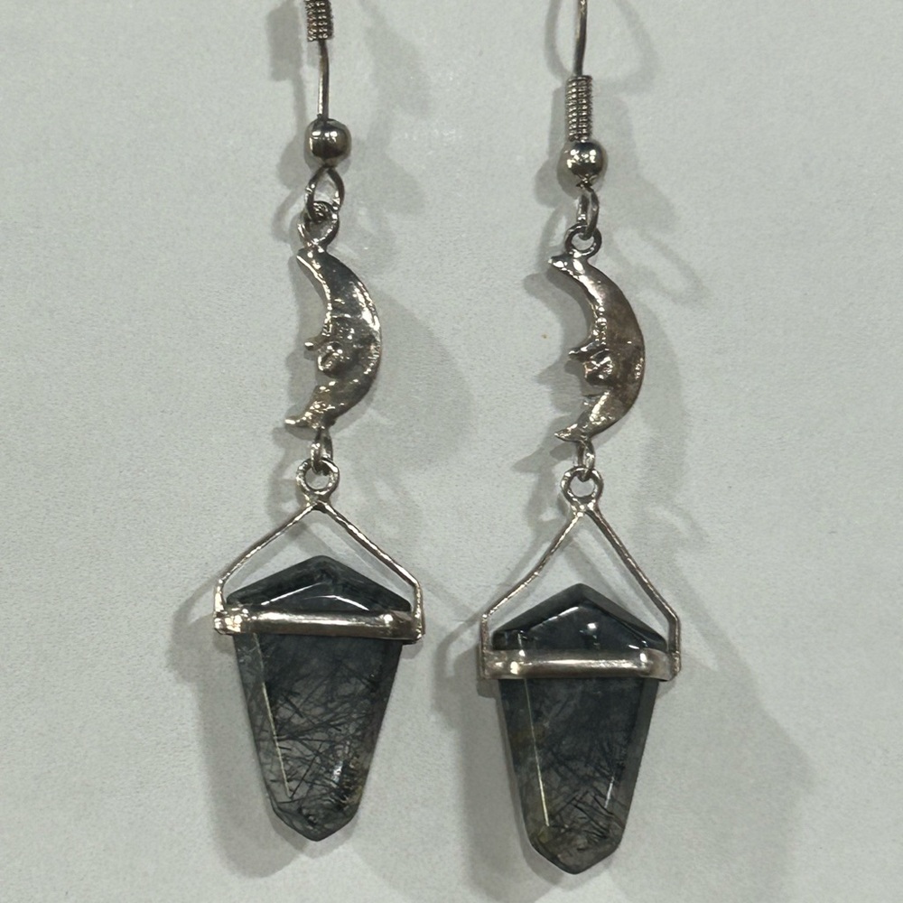 925s Silver Tourmalinated Quartz  & crescent moon Earrings